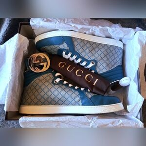 Authentic Gucci High Top Diamante Pavone Blue Lace Up Sneakers And Belt Size 14
